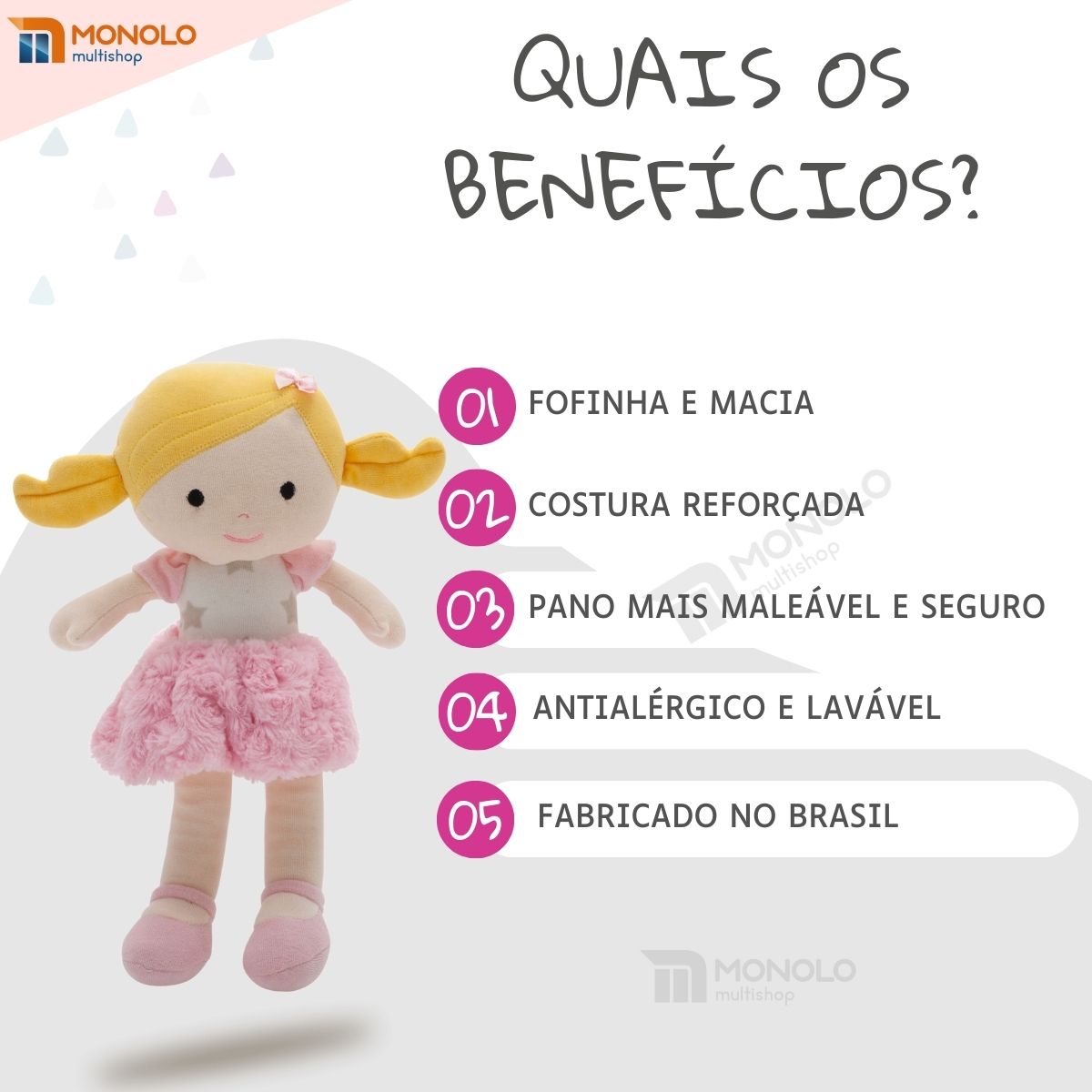 Boneca Pano Malu Infantil Menina Antialérgico Lavável 32 Cm Linda - Image 3