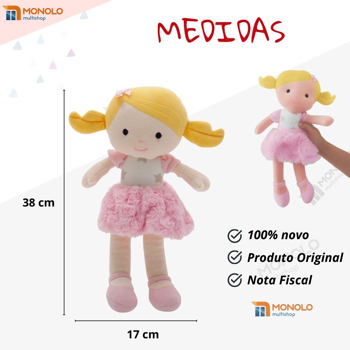 Boneca Pano Malu Infantil Menina Antialérgico Lavável 32 Cm Linda - Image 7