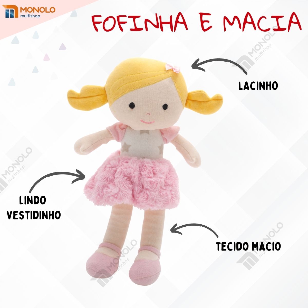 Boneca Pano Malu Infantil Menina Antialérgico Lavável 32 Cm Linda - Image 4