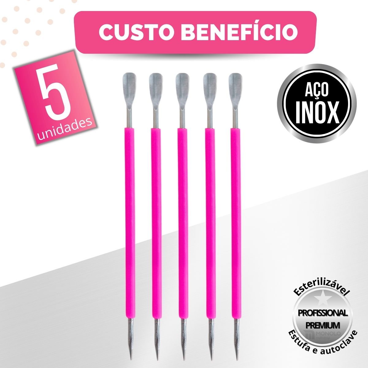 Kit 5 Espátula Mista Empurrador Curvo Palito Silicone Cutícula Manicure Cutelaria Aço Inox Monolo - Image 3