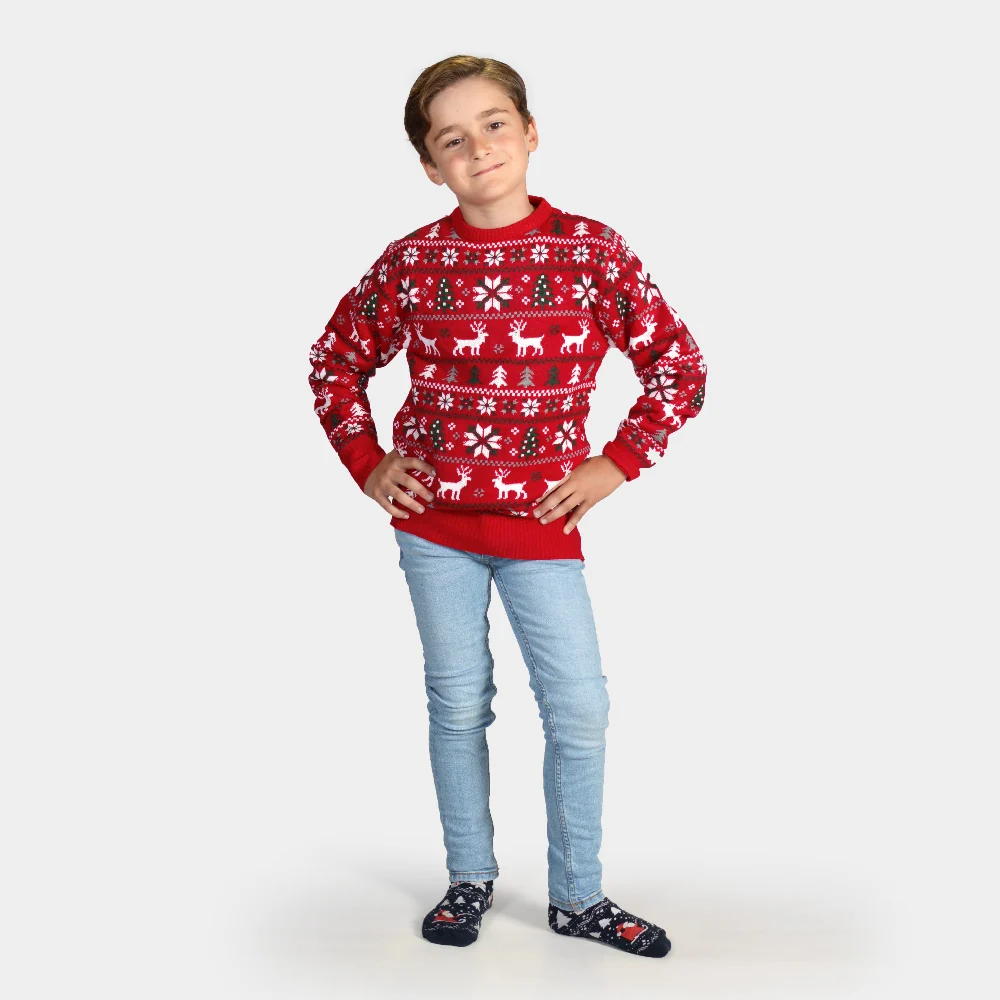 Camisola de Natal para Menina e Menino Vermelha com Renas, Árvores e Estrela Polar - Image 2