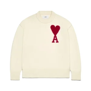 Ami Paris Ami De Coeur Felted Merino Wool Sweater Off White/Red