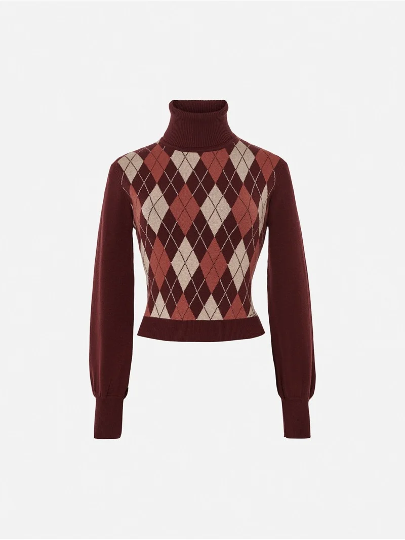 Camisola de Gola Alta com Padrão de Losangos - Image 3