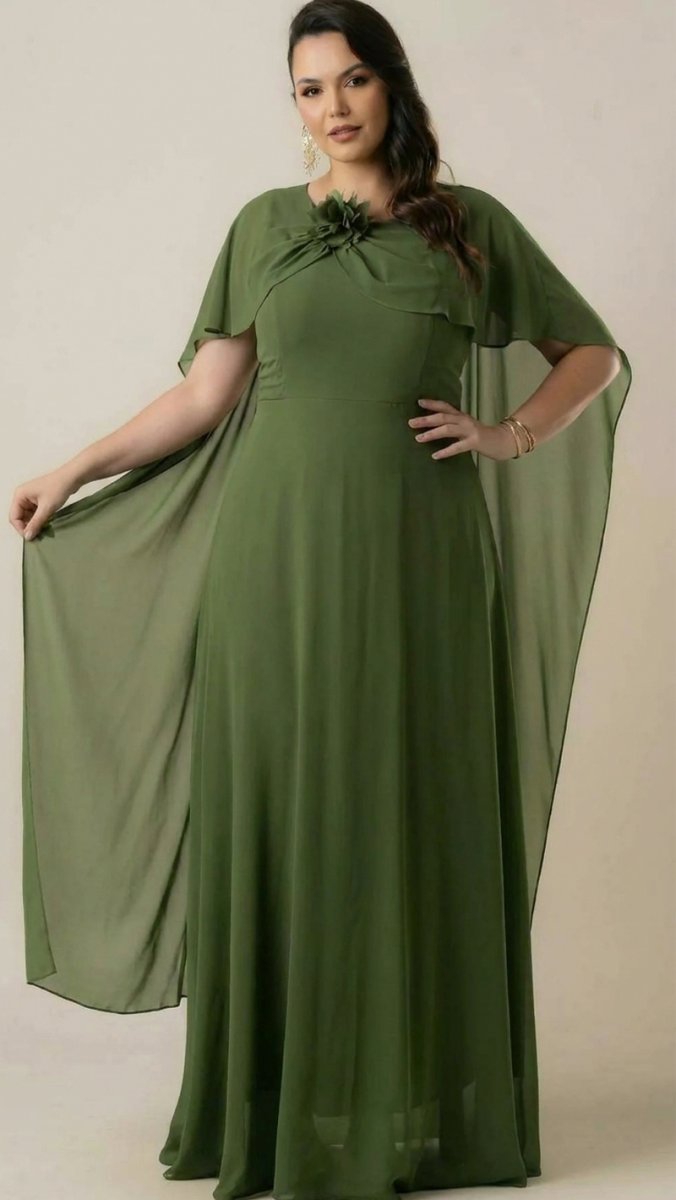 Vestido Festa Plus Size Crepe Chiffon com Capa e Flor - Image 5